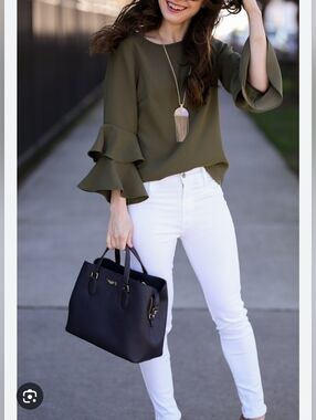 J. Crew Olive Green Blouse with Ruffle Sleeves Size:0P